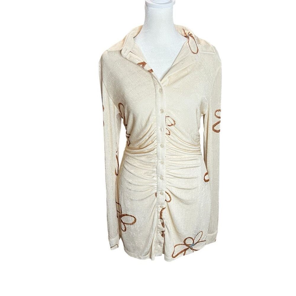 With Jéan Andy Mini Dress Chalk & Flowers Ruched Button Front Long Sleeve S - Picture 4 of 8